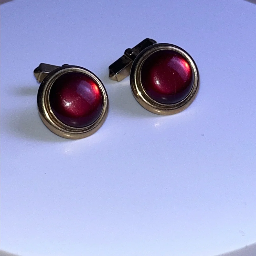 Swank Red Moonglow Lucite Cabochon Gold Plated Vintage 60s Cufflinks Mid Century